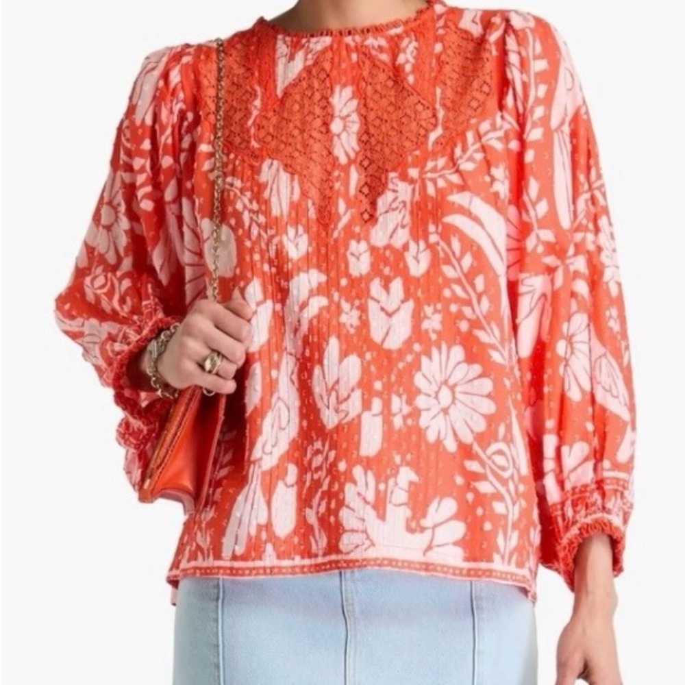 Farm Rio orange neon jungle lace trimmed boho cottagecore top ASO Katie Lee